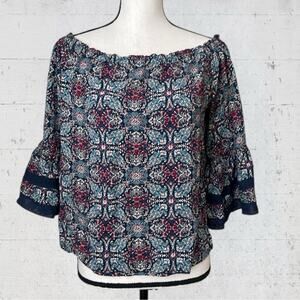 Solitaire Off Shoulder Top Floral Bell Sleeves Flare Lace Crochet Boho Size M